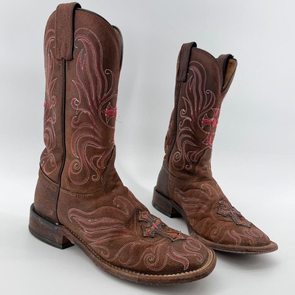 Tony Lama Women's 6.5 B Brown Western Cowboy Boots Square Toe Cross Embroidery